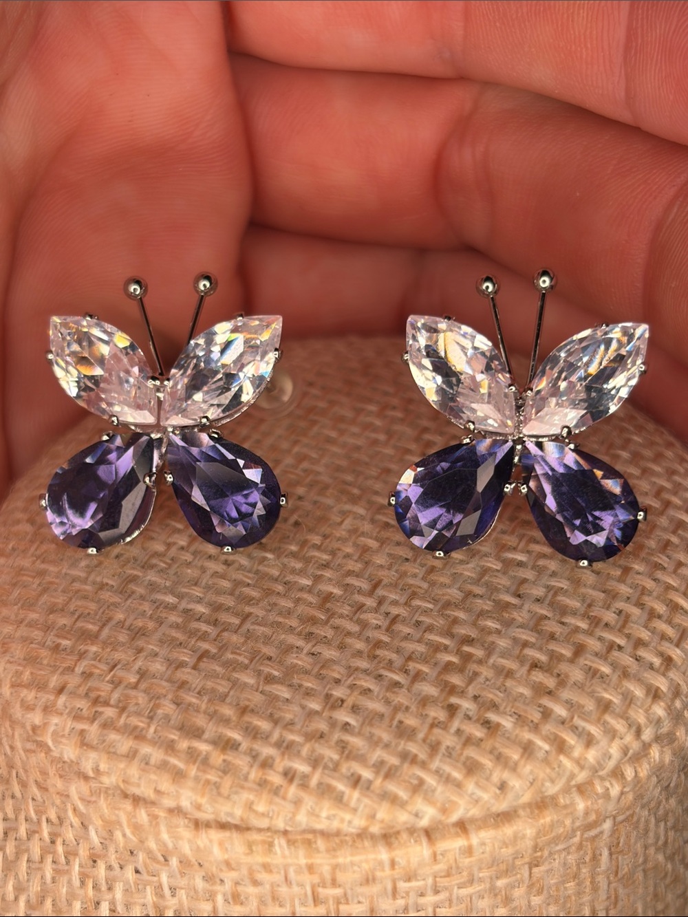 Crystal Butterfly Stud Earrings - Purple and Clear